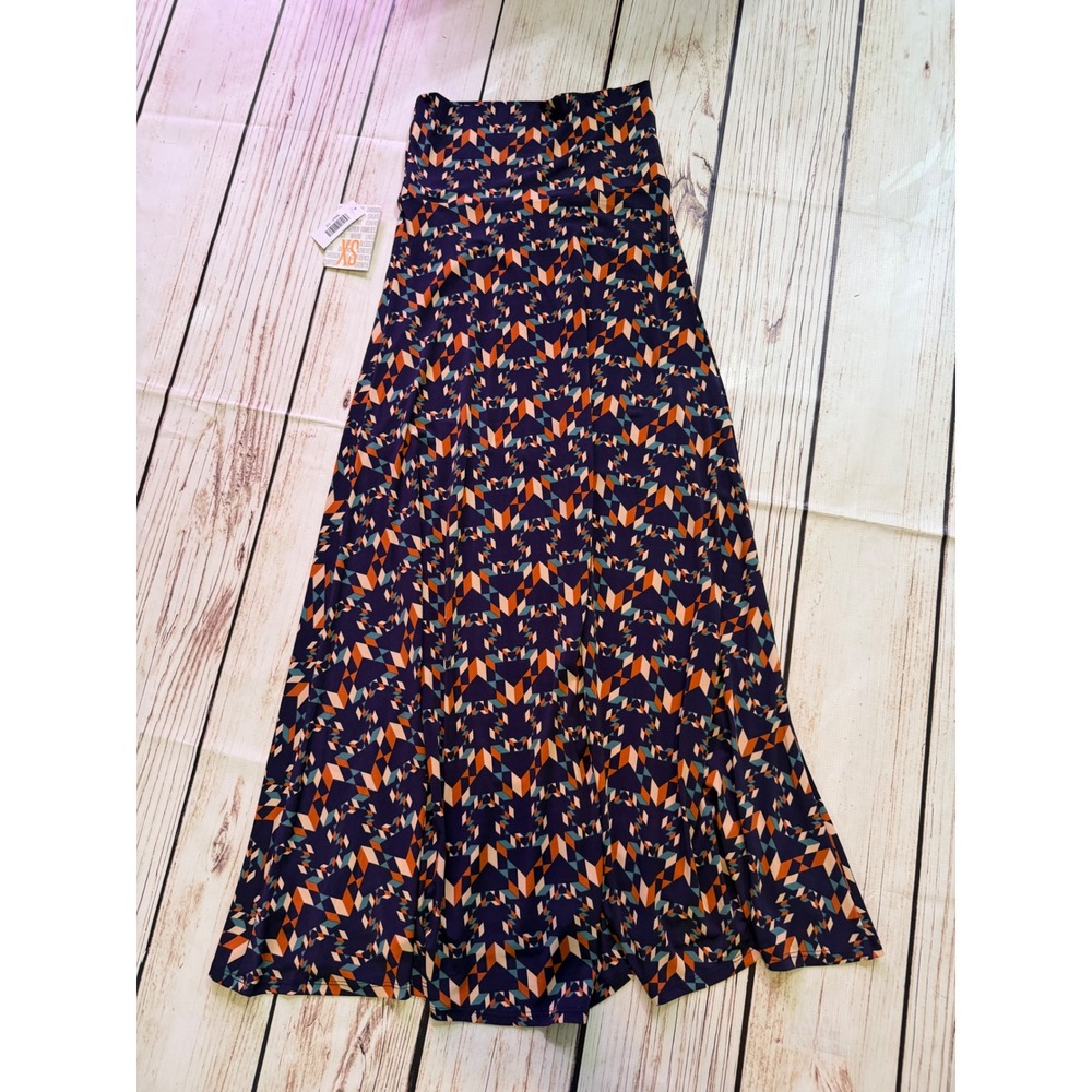 LuLaRoe Maxi Skirt XS Purple Orange Geometric Chevron Print High Waist NWT